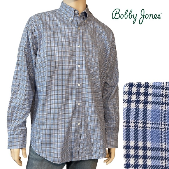 Bobby Jones Long Sleeve Shirt Dress Casual Sky Blue Plaid Button Down Collar - Picture 1 of 15